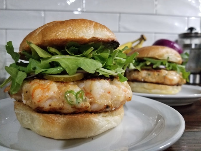 Shrimp Burgers with Smoky Honey Sriracha Mayo