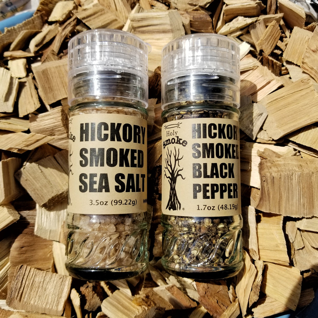 Smoked Sea Salt and Pepper lying on hickory chips